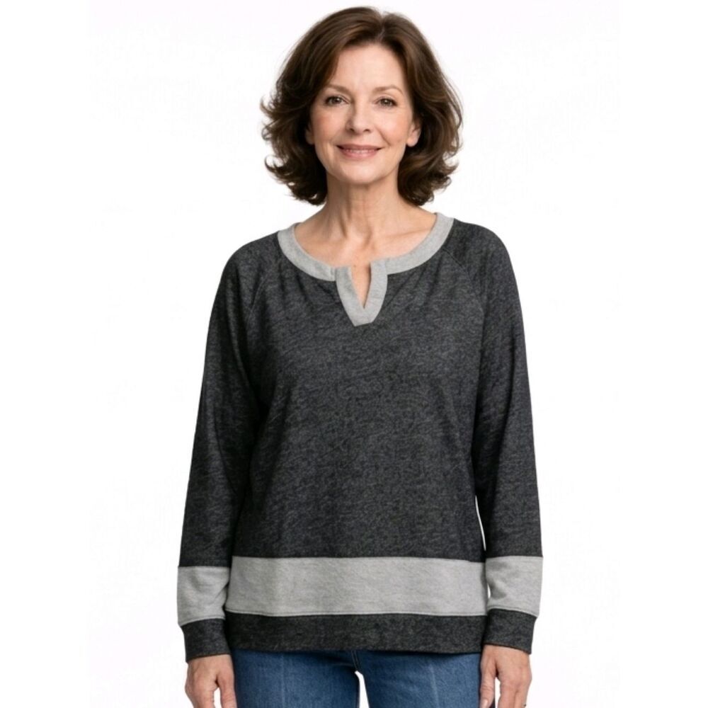 Jones New York Sport Heathered Black Split Neck   Sweatshirt Size XL